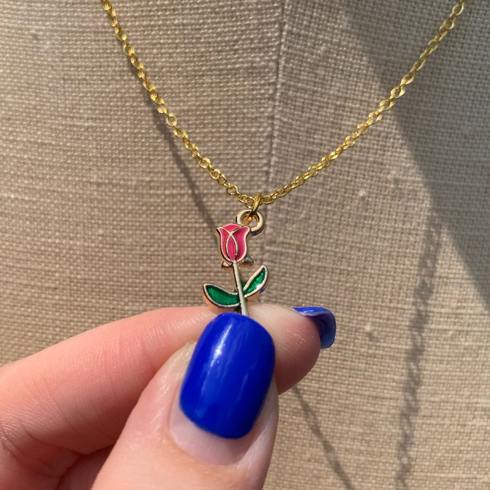 NWT Sterling Silver Plated Chain, Enamel Rose Flower Alloy Charm Neckkace - Picture 12 of 15